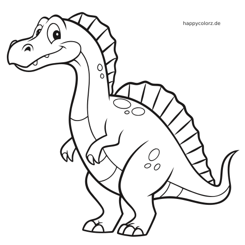 Ein freundlicher Spinosaurus im Comicstil mit großen Augen, Flecken und gewelltem Rückensegel als einfache Linienzeichnung.