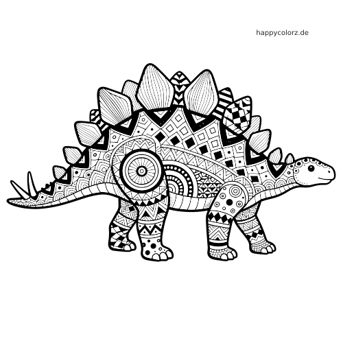 Schwarz-weißer Stegosaurus im Zentangle-Stil mit gemusterten Rückenplatten, kreisförmigen Motiven und vielen geometrischen Details.