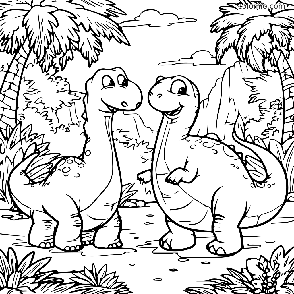 Eine Malvorlage mit zwei Cartoon-Dinosauriern in einem üppigen Dschungel mit Palmen und Bergen im Hintergrund.