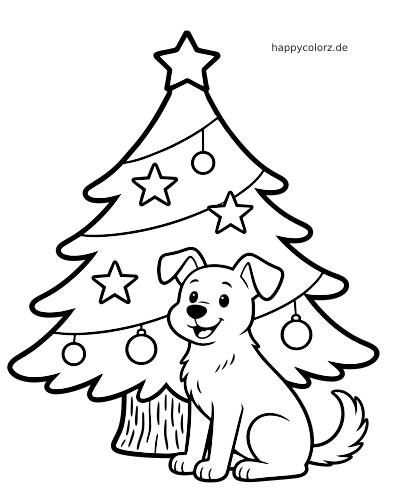 Ein fröhlicher Cartoon-Hund sitzt unter einem geschmückten Weihnachtsbaum mit Sternen, Kugeln und einem Stern an der Spitze.
