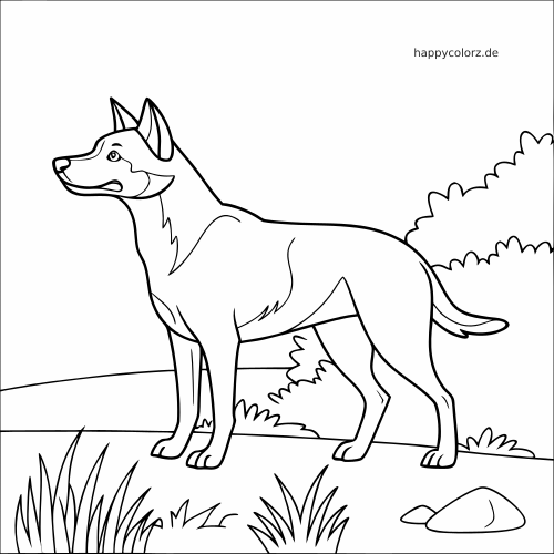 Ein stehender Australian Cattle Dog in einer einfachen Landschaft mit Büschen, Gras und Steinen in klaren schwarzen Umrissen.
