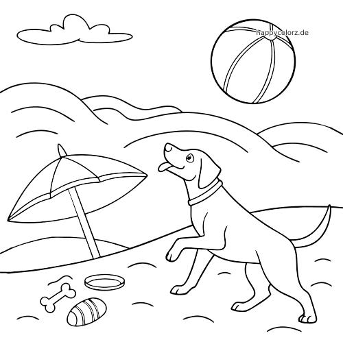 Einfache Linienzeichnung eines Hundes am Strand, der zu einem Ball hochschaut, mit Sonnenschirm, Knochen, Muschel und Dünen.
