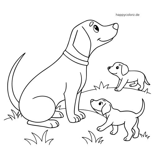 Einfache Linienzeichnung einer sitzenden Hundemutter auf einer Wiese mit zwei kleinen Welpen neben ihr.