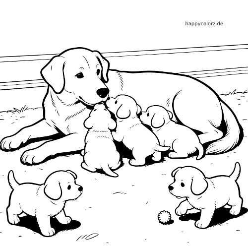 Eine Golden-Retriever-Hündin liegt am Boden, während sich fünf kleine Welpen um sie versammeln in einer einfachen Schwarz-Weiß-Zeichnung.