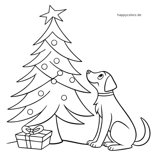 Einfache Linienzeichnung eines sitzenden Hundes neben einem geschmückten Weihnachtsbaum mit Sternspitze und Geschenk.