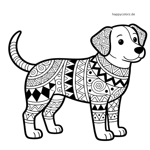 Schwarz-weißer Hund mit lächelndem Gesicht und Zentangle-Mustern auf Körper, Ohren, Beinen und Schwanz.