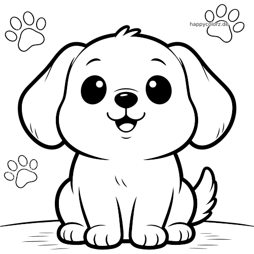 Ein kawaii gezeichneter Hund sitzt frontal mit großen Augen, langen Schlappohren und kleinen Pfotenabdrücken um ihn herum.