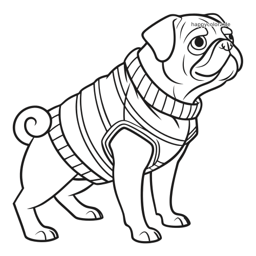 Ein Mops in Seitenansicht steht in einem gestreiften Pullover, gezeichnet als einfache schwarze Umrisszeichnung mit Ringelschwanz.