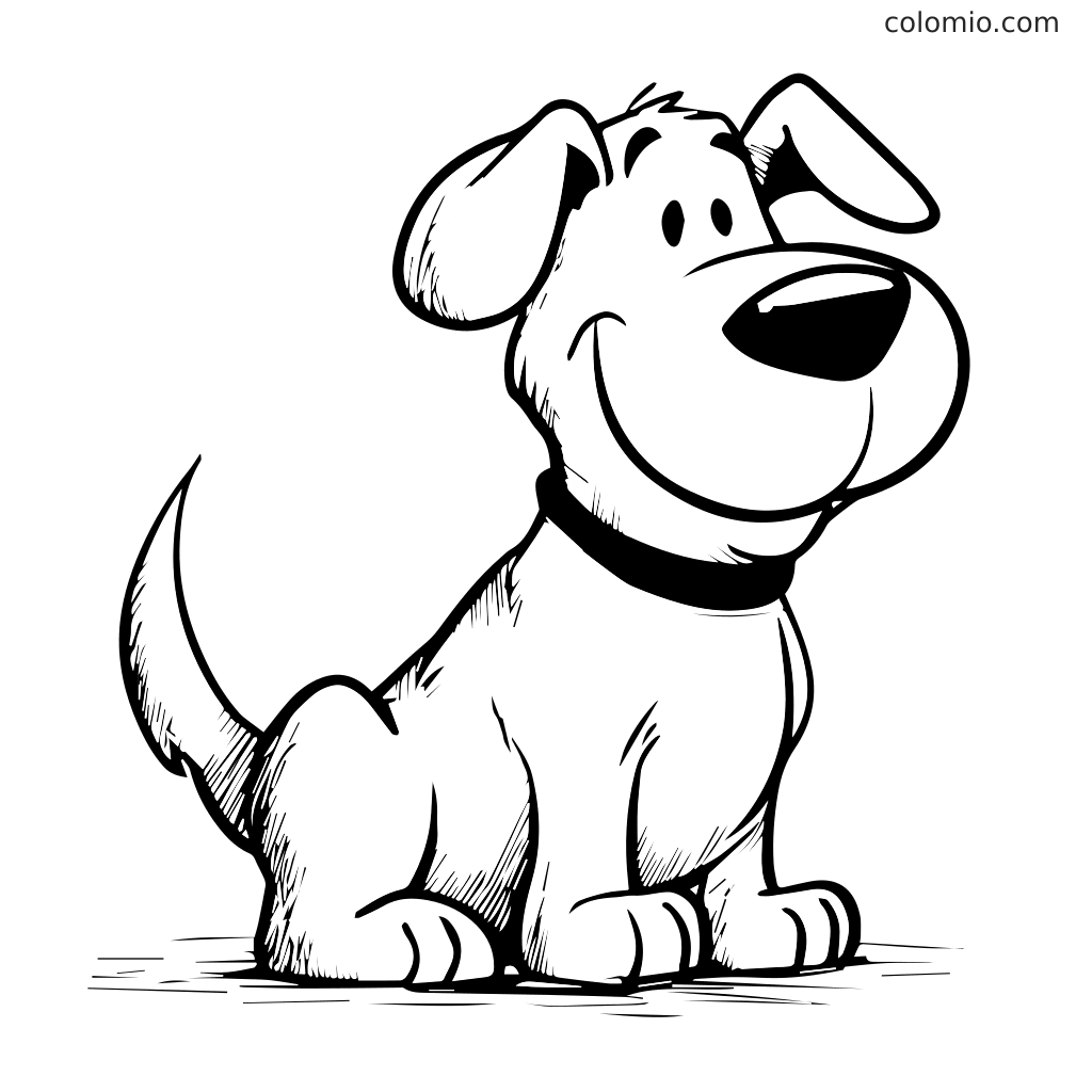 Niedlicher Cartoon-Hund Malvorlage für Kinder Ein freundlicher Cartoon-Hund mit einem großen Lächeln, der sitzt und glücklich aussieht, perfekt zum Ausmalen.