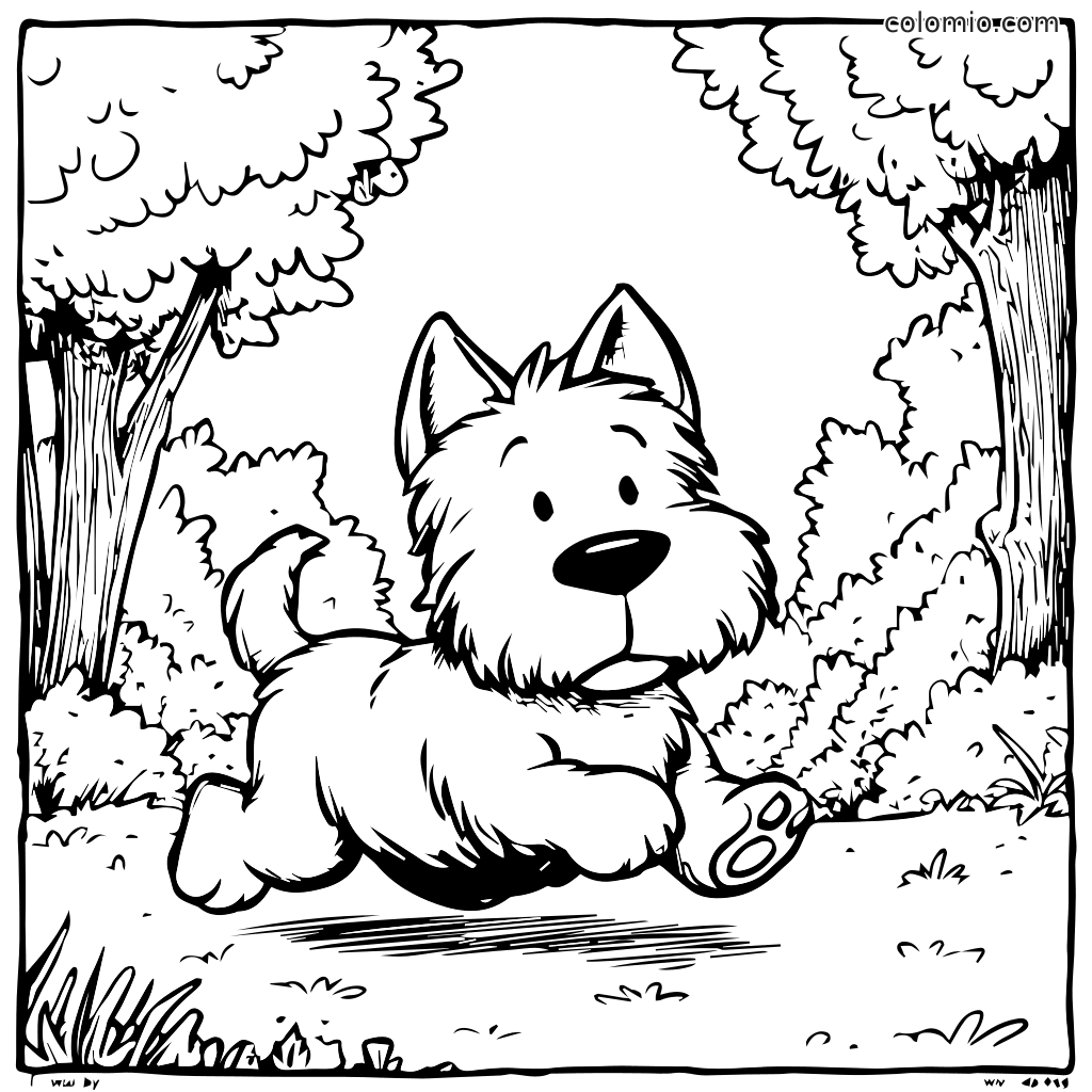 Verspielter Hund, der im Park läuft Malvorlage Ein süßer Hund, der glücklich durch einen Park mit Bäumen läuft, bereit zum Ausmalen.