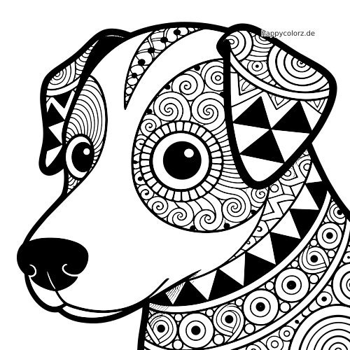 Schwarz-weißes Hundeporträt in Nahaufnahme mit Zentangle-Mustern aus Spiralen, Kreisen und markanten geometrischen Formen.