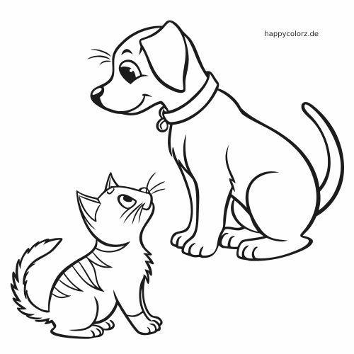 Ein Hund und ein kleines Kätzchen im Cartoon-Stil sitzen nebeneinander und schauen mit freundlichen Gesichtern nach oben.
