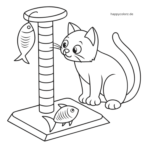Eine Cartoon-Katze sitzt neben einem Kratzbaum mit einem hängenden Fischspielzeug und einem weiteren Fisch auf der Bodenplatte.