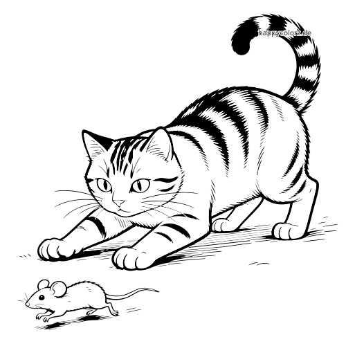 Eine gestreifte Katze duckt sich tief mit nach vorn ausgestreckten Pfoten, während eine kleine Maus vor ihr über den Boden läuft.