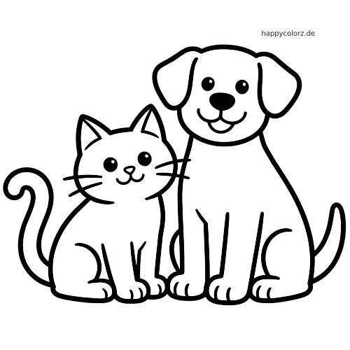 Eine Katze und ein Hund sitzen dicht nebeneinander in Vorderansicht, mit runden Formen, lächelnden Gesichtern und einfachen dicken Linien.