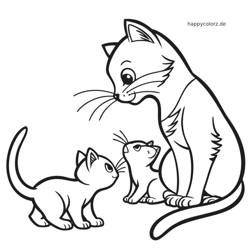 Eine Katzenmutter im Profil blickt auf zwei kleine Kätzchen neben ihr in einer einfachen schwarz-weißen Umrisszeichnung.
