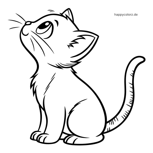Eine sitzende Katze als einfache Linienzeichnung, mit großen Augen, nach oben gerichtetem Blick und gebogenem Schwanz.