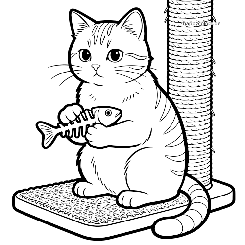 Eine flauschige Katze sitzt auf der Bodenplatte eines Kratzbaums und hält mit den Pfoten eine Fischgräte fest.