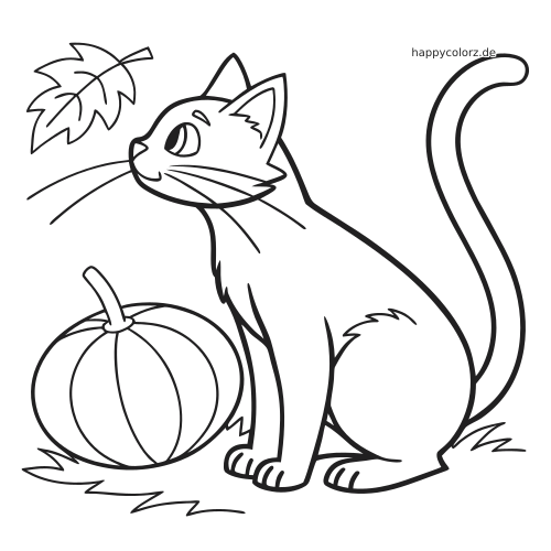 Eine einfache Halloween-Katze sitzt neben einem Kürbis und einem Blatt, mit klaren dicken Umrissen zum Ausmalen.