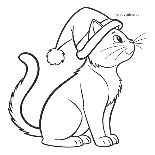 Einfache Linienzeichnung einer sitzenden Katze im Seitenprofil mit Weihnachtsmütze und klaren, kräftigen Umrissen.