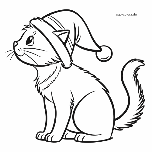 Eine flauschige sitzende Katze in Seitenansicht mit Weihnachtsmütze, buschigem Schwanz und weichen Felllinien.