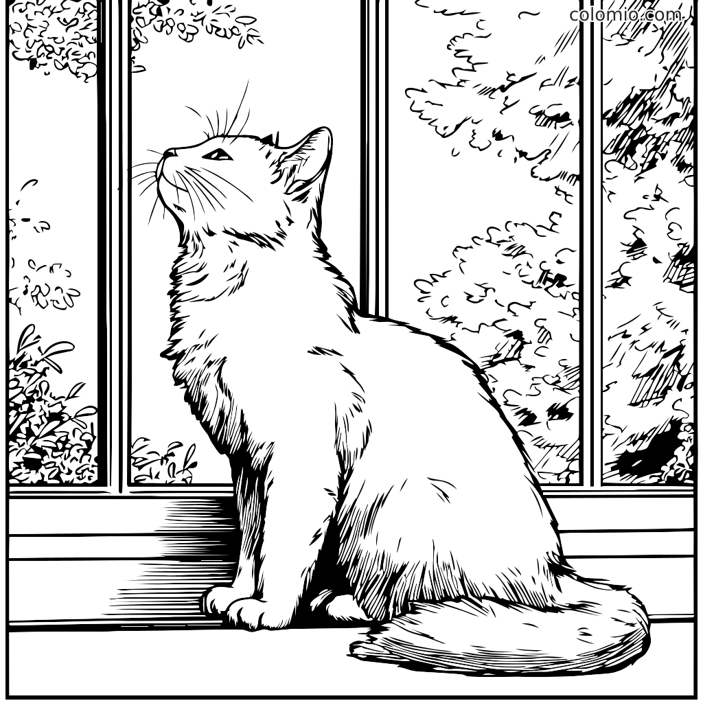 Vorlage mit einer Katze, die am Fenster sitzt und nach draußen auf das Grün schaut.