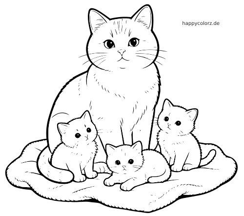 Eine Katzenmutter sitzt auf einer weichen Decke mit drei kleinen Kätzchen in einer einfachen schwarz-weißen Linienzeichnung.