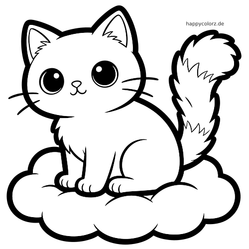 Eine Kawaii-Katze mit großen runden Augen und buschigem Schwanz sitzt als einfache Schwarz-Weiß-Zeichnung auf einer Wolke.