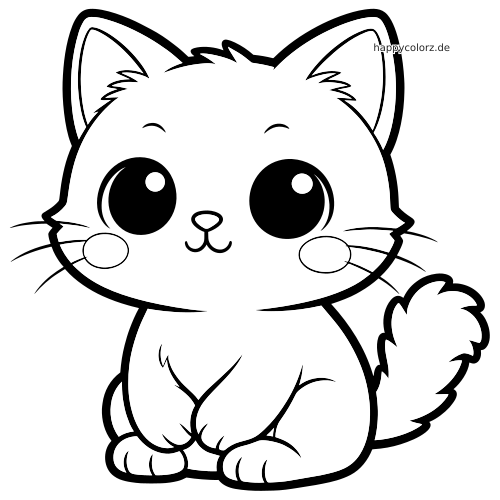 Eine frontale Kawaii-Katze mit sehr großen runden Augen, flauschigem Fell, Schnurrhaaren und buschigem Schwanz als Linienzeichnung.