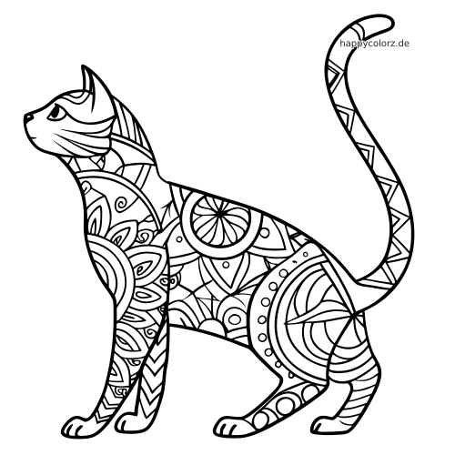 Eine stehende Katze in Seitenansicht, gefüllt mit auffälligen Zentangle-Mustern wie Spiralen, Blüten, Kreisen und geometrischen Formen.