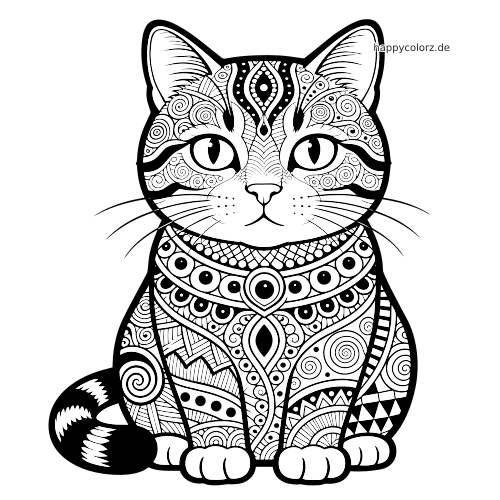 Eine sitzende Katze in Vorderansicht mit detailreichen Zentangle-Mustern auf Gesicht, Brust, Körper und eingerolltem Schwanz.