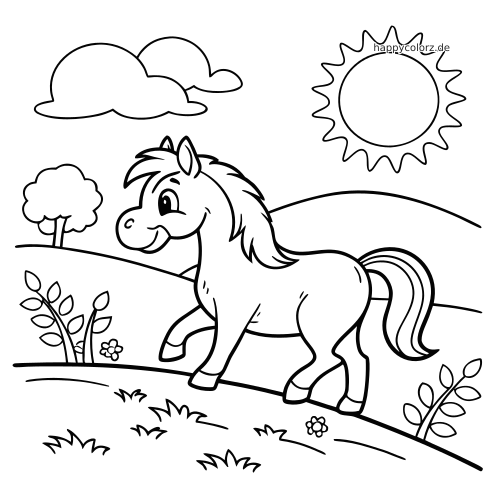 Ein lächelndes Comic-Pferd steht auf einer Weide mit Sonne, Wolken, Hügeln, Blumen und kleinen Bäumen im Hintergrund.