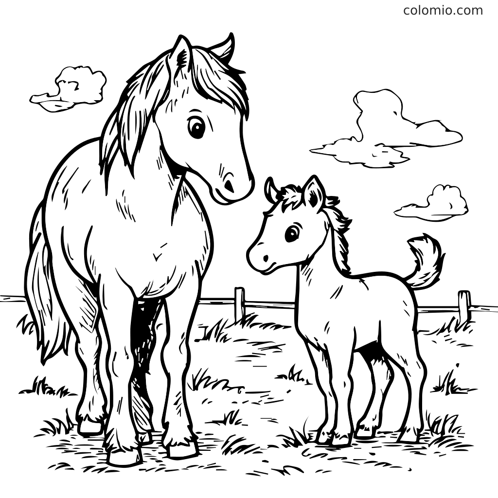 Ein Pferd und sein Fohlen stehen zusammen auf einer grasbewachsenen Fläche mit Wolken darüber.