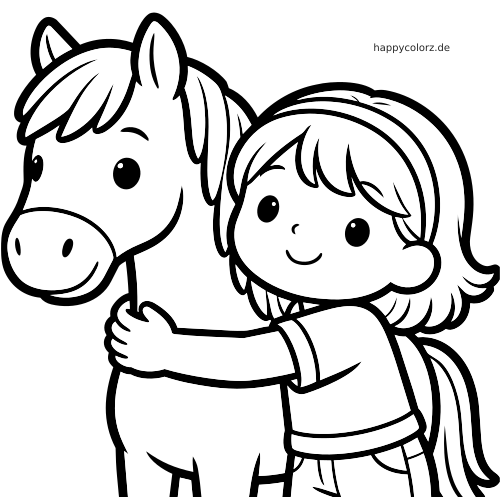 Nahaufnahme eines lächelnden Mädchens, das ein kleines Pferd umarmt, in einfachen kräftigen Cartoon-Linien gezeichnet.