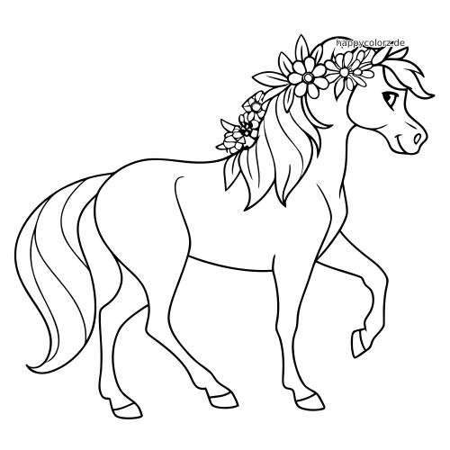 Ein Pferd in tänzelnder Pose mit angehobenem Vorderbein und großen Blumen, die in seine Mähne eingeflochten sind.