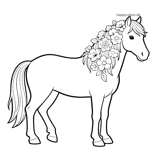 Ein stehendes Pferd in Seitenansicht mit einer dichten Mähne aus vielen Blumen und Blättern am Hals.