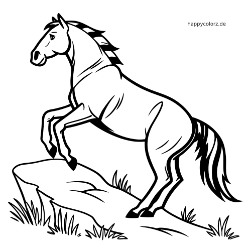 Ein wilder Mustang steigt auf die Hinterbeine und stützt die Vorderhufe auf einen Felsen, umgeben von Gras.