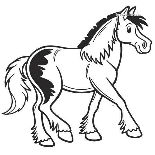 Ein Tinkerpferd im Comicstil mit großen Fellflecken, zotteliger Mähne, langem Schweif und behangenen Beinen in gehender Pose.