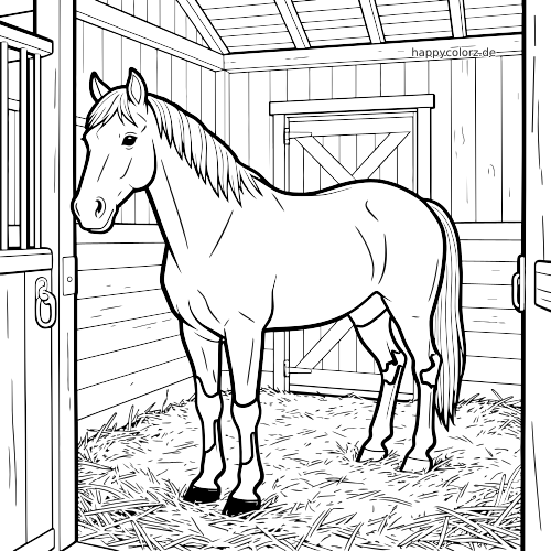 Ein detailliertes Pferd steht in einer Stallbox auf Heu, umgeben von Holzwänden, Türen und sichtbaren Dachbalken.