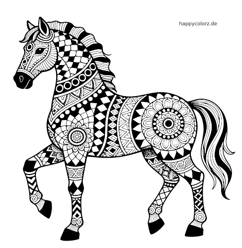 Schwarz-weißes Pferd in Seitenansicht, gefüllt mit detailreichen Zentangle-Mustern, Mandalas und geometrischen Formen.