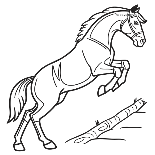 Ein Pferd mit kräftigen Umrisslinien springt ohne Reiter über einen am Boden liegenden Baumstamm.