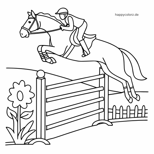 Einfache Linienzeichnung von einem Reiter auf einem Pferd, das über ein Hindernis springt, mit Blume und kleinem Zaun im Hintergrund.