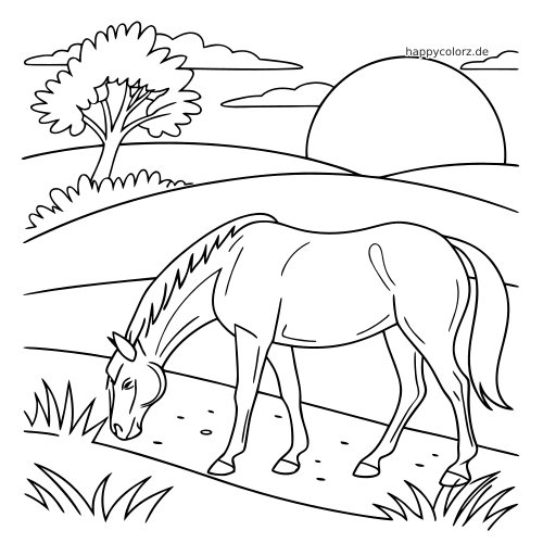 Ein einfaches Ausmalbild mit einem grasenden Pferd auf einer Weide bei Sonnenuntergang, mit Hügeln, Baum, Wolken und Gras.