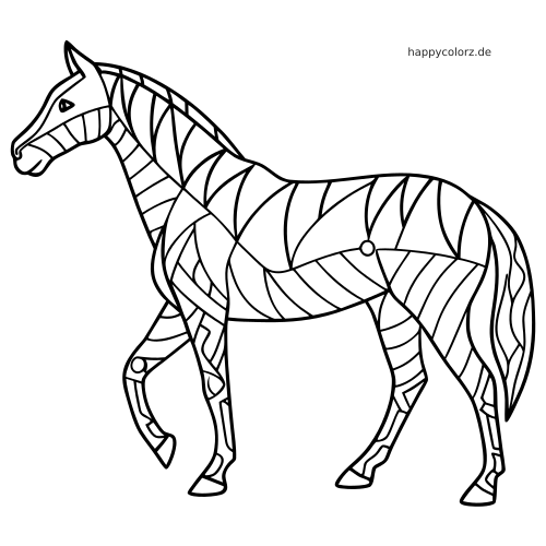 Schwarz-weißes Ausmalbild eines stehenden Pferdes in Seitenansicht mit großen Zentangle-Mustern auf dem Körper.