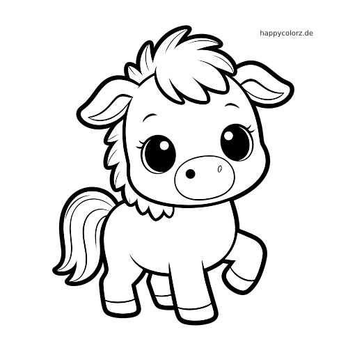 Ein Kawaii-Pferd mit sehr großen Augen, wuscheliger Mähne und angehobenem Vorderbein im einfachen schwarz-weißen Comicstil.
