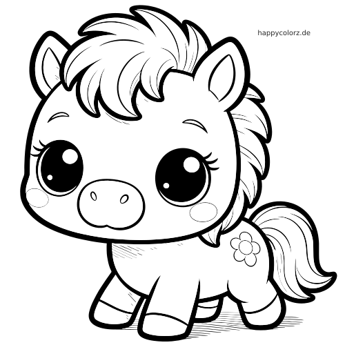 Ein Kawaii-Pony im einfachen Comicstil mit großen Augen, flauschiger Mähne und einer Blume an der Seite.