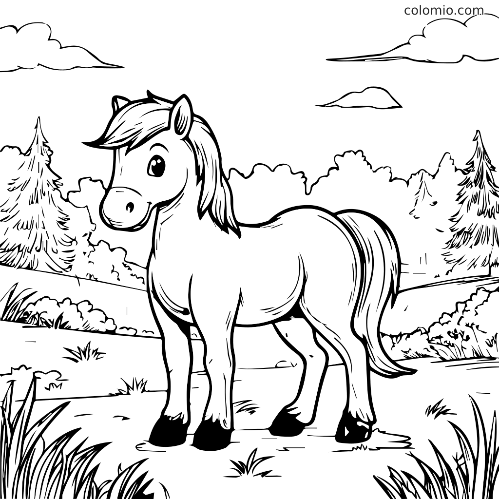 Ein niedliches Pony steht auf einer grasbewachsenen Wiese, umgeben von Bäumen und Wolken, bereit zum Ausmalen.