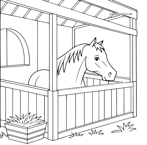 Einfaches Linienbild eines Pferdes in einer Stallbox mit einem Heutrog davor und etwas Gras auf dem Boden.