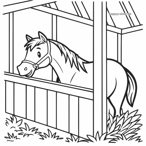 Cartoon-Pferd im Stall in Seitenansicht mit Halfter, umgeben von Heu und Gras vor der Box.