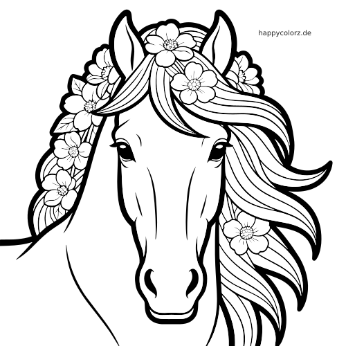 Schwarz-weißes Porträt eines Pferdekopfes mit langer Mähne und Blumen, die um Ohren und Haare geflochten sind.